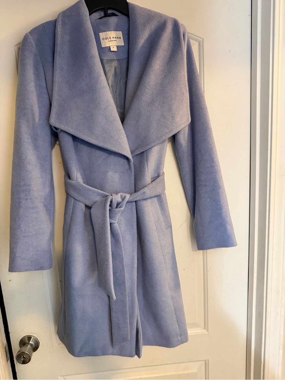 Cole Haan Light Blue Wrap Trench Coat Sz 4 Wool Blend Lined